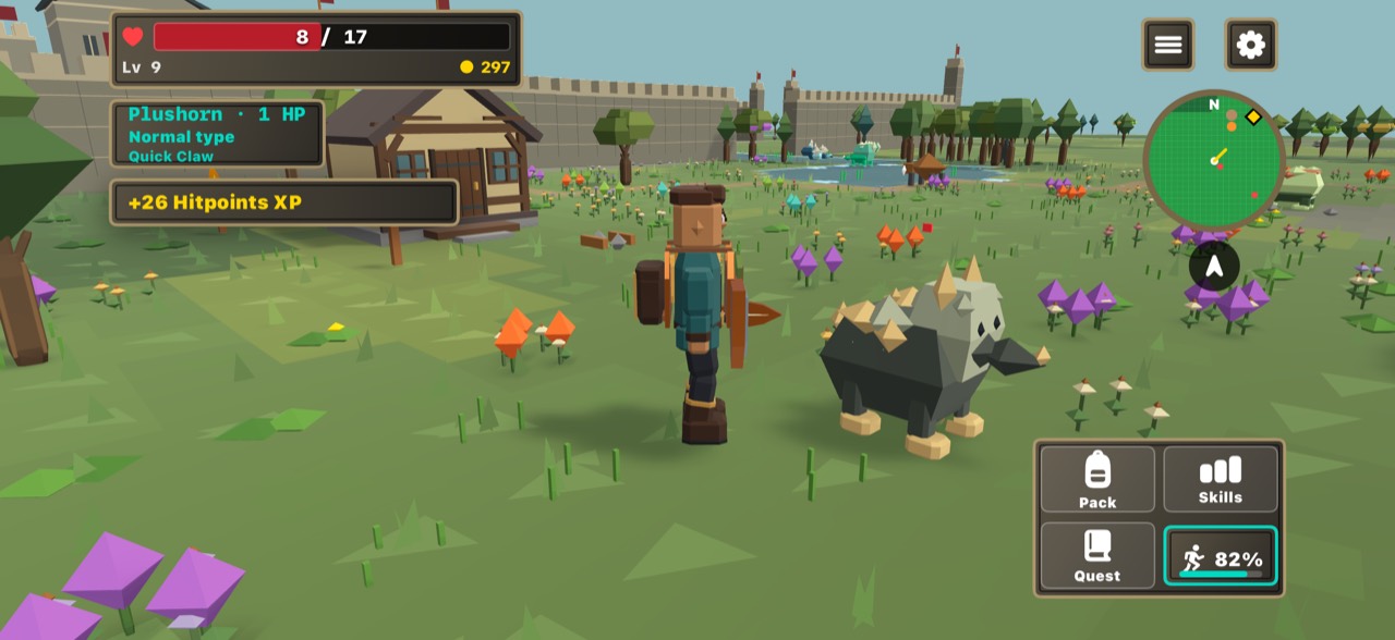 An adventurer with a wooden shield encounters a wild hatchling near town