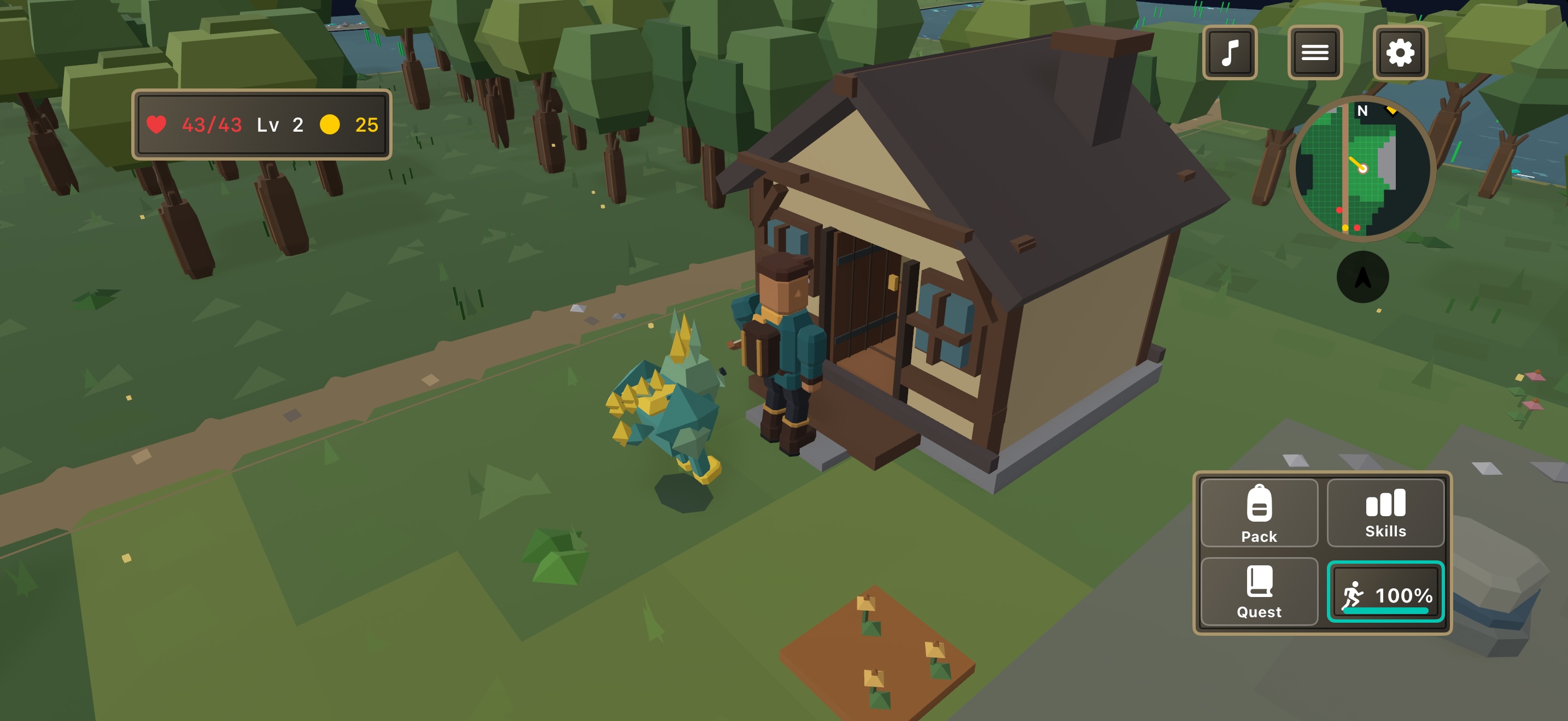 An adventurer and blue hatchling outside their timber cottage